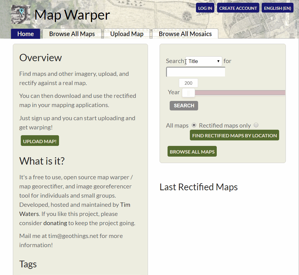 Gif demonstrando como acessar a aba para criação de um perfil no site Map Warper.